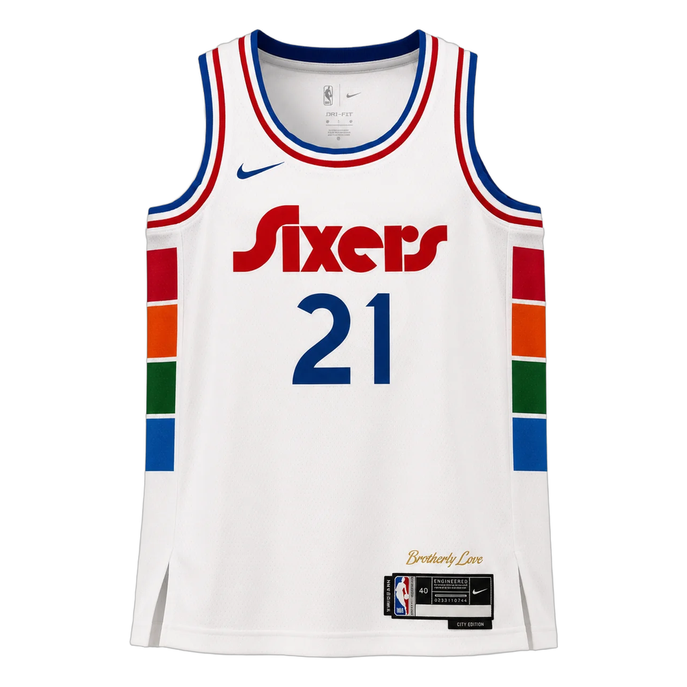 A white Philadelphia 76ers basketball jersey with blue, red, and orange accents, featuring the number 21 on the front. The jersey includes a Nike swoosh on the right chest, a team logo on the left chest, and a 'Brotherly Love' signature near the bottom hem.