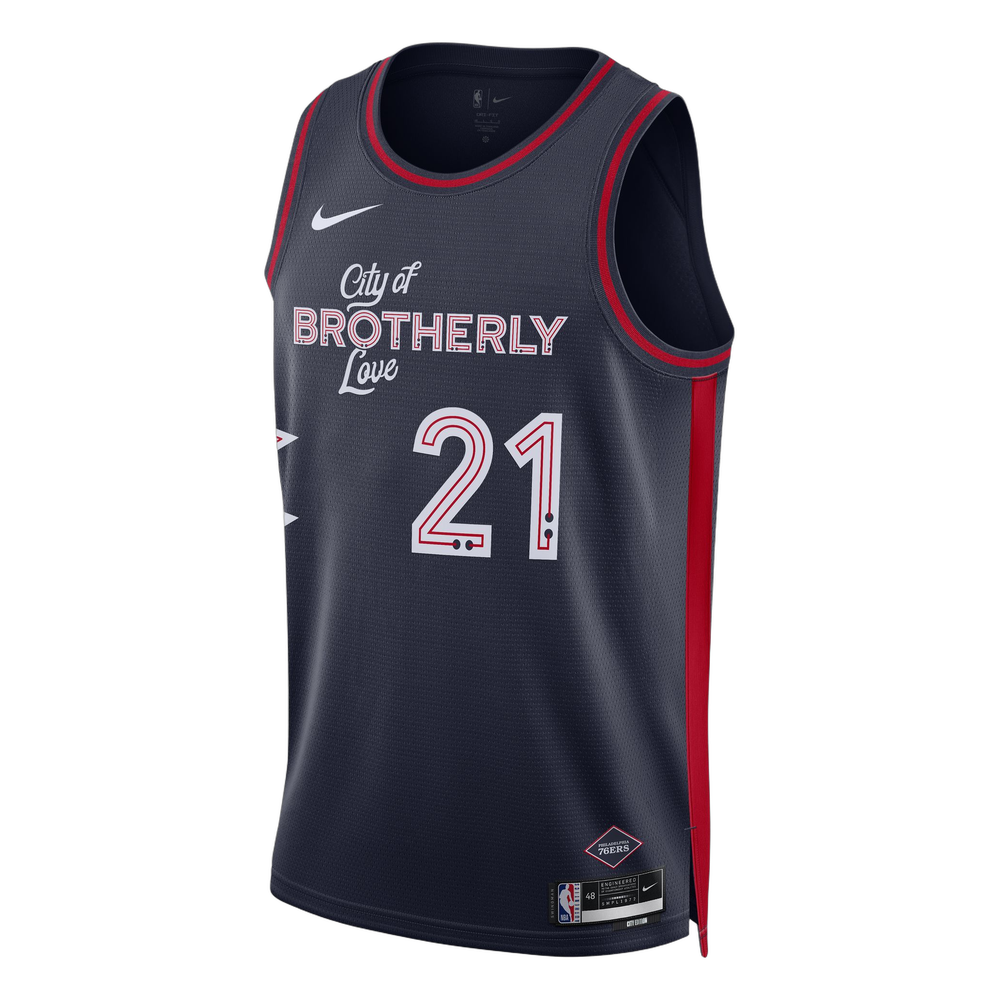 A navy blue Nike basketball jersey with red and white accents, featuring the text 'City of BROTHERLY Love' and the number '21' on the front, shown against a plain white background.